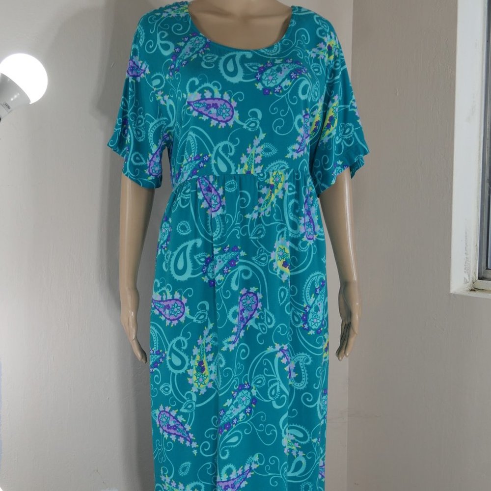 Diane Von Furstenburg Color Authority Teal Paisley Print Mumu Maxi Dress Wms M/L